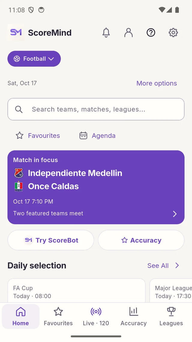 ScoreMind football home screen with fixtures, search and navigation. English interface.